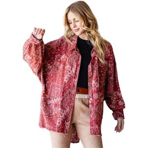 #43. Burgundy & Cream Paisley Scarf Print Button Front Long Sleeve Shirt